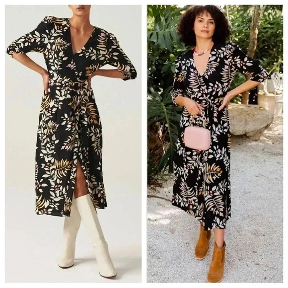 ba&sh Dresses & Skirts - ba&sh Crissy Leaf Print Wrap Midi Dress in Black Sz:1/Small